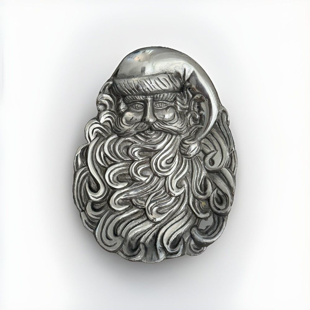 Pewter Christmas Tray Dish Santa Claus Face Raised Embossed Made In Mexico 5x7